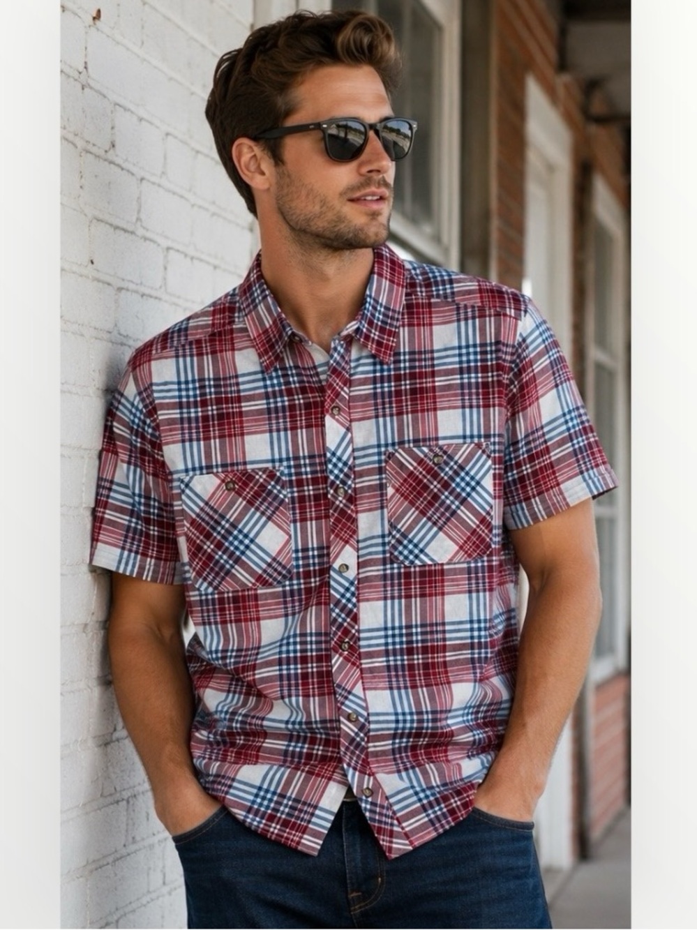 Levi’s Modern Fit Plaid Shirt Men’s L Red Blue White Button Down Short Sleeve